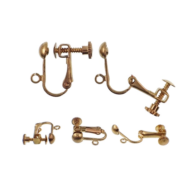 Raw Brass Clip On Earring Findings with Adjustable Screw Back, Loop, and 5mm Ball Front, Nickel Free, 10 Pieces