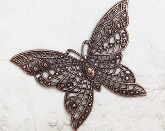 Large Butterfly Filigree with Lacy Wings - Rare - Antiqued Copper Ox - Intricate Detail Dapt Wings - 1 Piece - High Quality European Brass