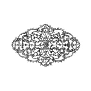 May include: Silver filigree brooch with a delicate, intricate design. The brooch is oval-shaped and features a central floral motif.