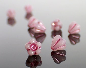 50 6x4mm Czech Glass Baby Bell Flower Beads, Opaque White with Metallic Pink Wash