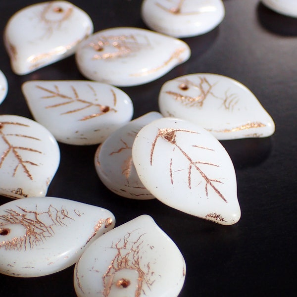 White Leaf Beads with Metallic Copper Wash - Artisan Czech Pressed Glass - Pressed Autumn Fall Nature Beads - 18x13mm - 10 Pieces