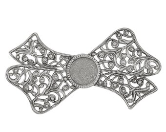 Large Victorian Bow Shaped Filigree with 11mm Setting, Antiqued Silver Ox,  Nickel Free High Quality European Brass Stamping, 1 Piece