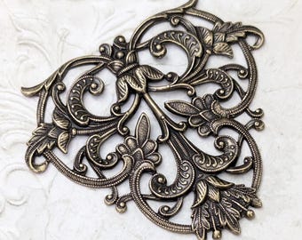 Large Antiqued Brass Focal Filigrees, European Made Vintage Style with Intricate Floral Design, High Quality Fleur de Lis Pattern, 2 Pieces