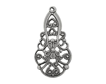 Detailed European Filigree Pendant Drops, 2 Pieces, Antiqued Silver Ox for Earrings - Victorian French Renaissance Rustic Gothic Style