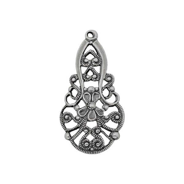 Detailed European Filigree Pendant Drops, 2 Pieces, Antiqued Silver Ox for Earrings - Victorian French Renaissance Rustic Gothic Style