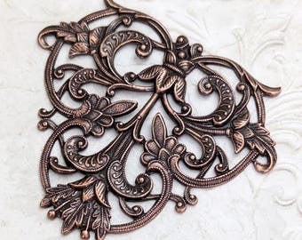 Large Antiqued Copper Focal Filigrees, European Made Plated Brass with Intricate Floral Design, High Quality Fleur de Lis Pattern, 2 Pieces