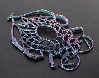 Scarab Filigree, Color Shifting Rare European Brass Egyptian Beetle Stamping, 1 Piece, Iridescent Green and Purple Artisan Patina