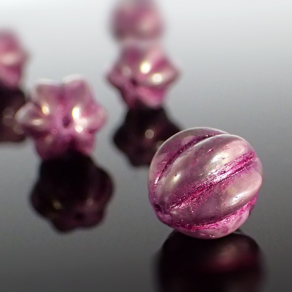 Dark Pink Czech Glass Chunky Melon Beads with Metallic Fuchsia Wash and Gold Luster, 12mm, 4 Pieces