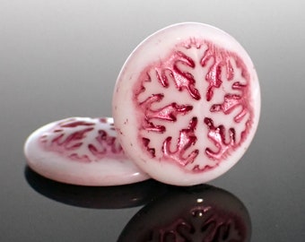 Czech Glass Snowflake Cabochons, 2 Pieces Opaque White with Metallic Pink Wash 21mm Round