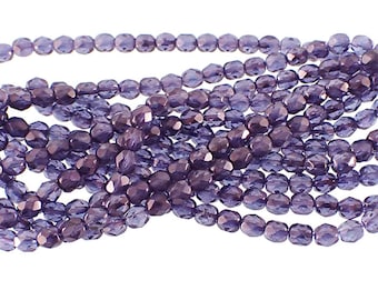 4mm Fire Polished Lumi Transparent Amethyst Purple Luster Czech Glass Beads, 50 Beads, Small Spacer Beads for Jewelry Making
