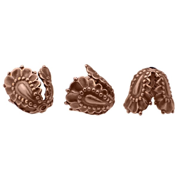 Antique Copper Bead Caps with Three Petals - 4 Pieces - Floral End Cap Cone Stampings - Vintage Style Jewelry Making Supplies