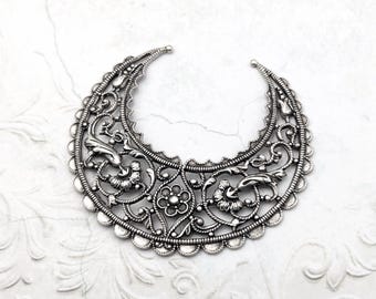 Medium Lacy Floral Hoop Filigree, Antiqued Silver Ox Intricate Flourish Details Nickel Free, 1 Piece, High Quality European Plated Brass