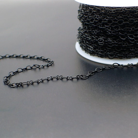 Matte Black Soldered Cable Chain, Nickel Free Infinity Link Figure 8 and Round Oval, Jewelry Making Chain with Petite Soldered Links