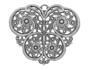 Large Filigree Butterfly Pendant - European Made Antiqued Silver Ox Plated Brass with Floral Design in the Wings