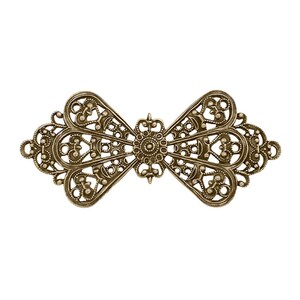 May include: A gold-toned metal decorative embellishment in the shape of a butterfly with intricate filigree details.