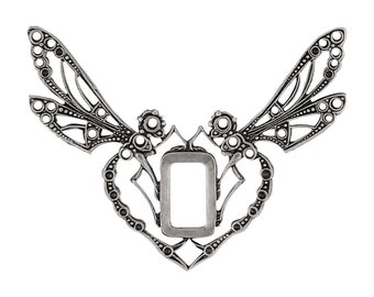Rare French Dragonfly Stampings, Antiqued Silver Ox Plated Brass Multi-stone Filigree with Settings