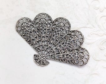 Large Victorian Fan Shaped Filigree, Antiqued Silver Ox with Intricate Detail, Nickel Free Vintage Style Jewelry Making Supplies, 1 Piece
