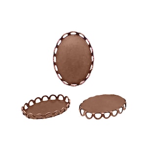 May include: Three copper oval-shaped metal frames with a decorative scalloped edge. The frames are for use in jewelry making and crafting.