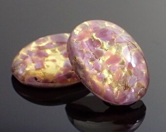 Handmade Czech Glass Cabochons Gold Leaf with Pearly Lavender Purple, 18x13mm, 2 Pieces