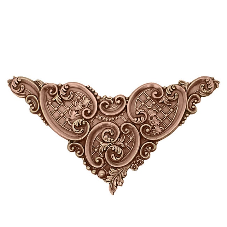 Nickel Free USA Made Large Corner Stampings Art Nouveau Floral Flourish Trellis Scrapbooking Corner Victorian Style Antiqued Copper Ox