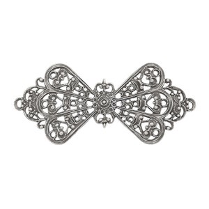 May include: A silver filigree clasp with an elaborate, symmetrical design. The clasp has a central circular element with radiating details, and openwork, butterfly-shaped sections. The intricate metalwork is detailed and delicate.