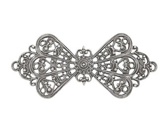 Lacy Victorian Bow Filigree - Antiqued Silver Ox Connectors - Intricate Detail Nickel Free - 1 Piece - High Quality Vintage European Brass