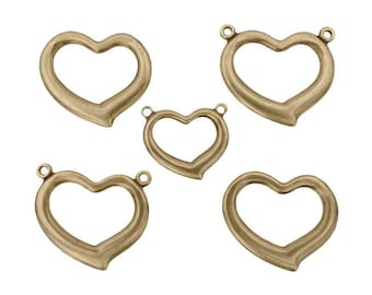 Assortment of Brass Heart Connectors - Solid Flat Back Nickel-Free USA Made Antiqued Brass - Stamping Mix with Loops