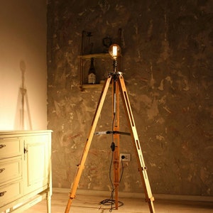 Piccadilly hand made tripod lamp from  reclaimed wood and recycled iron,  perfect for all spaces