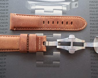 Correa de cuero marrón vintage hecha a mano de 24 mm - 24/22 mm con cierre desplegable Deplo - Compatible con Panerai
