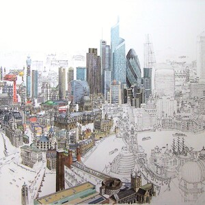 May include: A detailed drawing of the London skyline, with some buildings coloured in and others left in black and white outline. The drawing includes iconic landmarks like the London Eye, Big Ben, and St Paul's Cathedral.