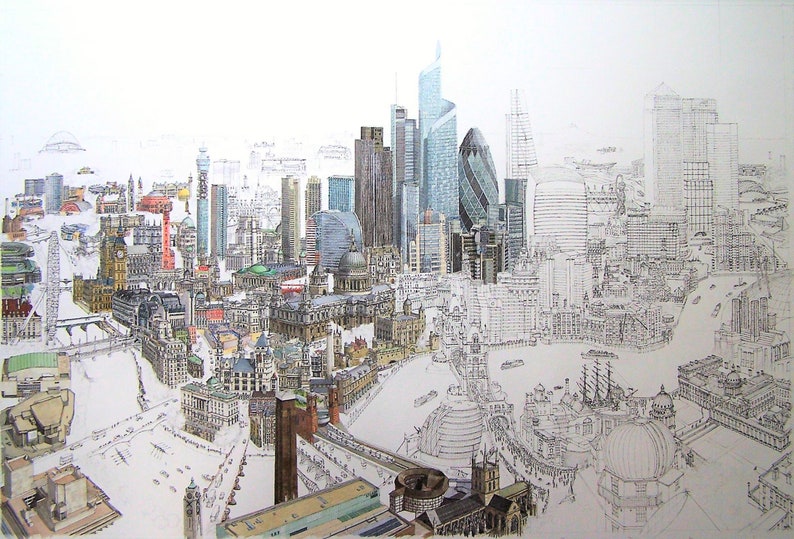 May include: A detailed drawing of the London skyline, with some buildings coloured in and others left in black and white outline. The drawing includes iconic landmarks like the London Eye, Big Ben, and St Paul's Cathedral.