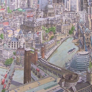 May include: A watercolour painting of a detailed aerial view of London, England. The painting features iconic landmarks such as the Tower Bridge, St. Paul's Cathedral, and the London Eye. The painting is done in a realistic style with a focus on detail.