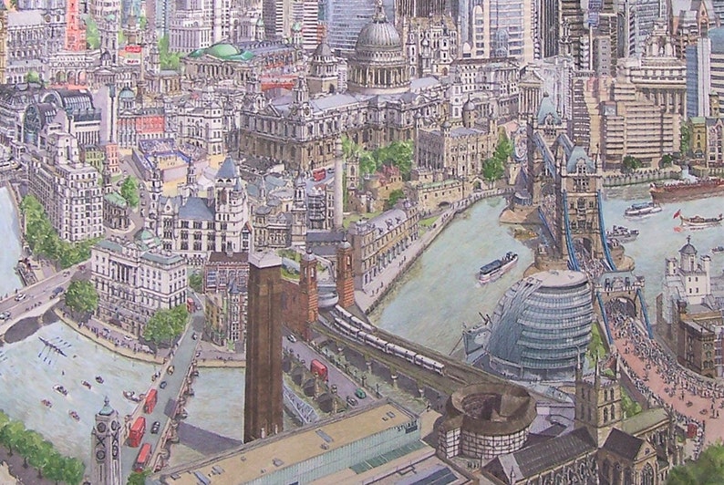 May include: A watercolour painting of a detailed aerial view of London, England. The painting features iconic landmarks such as the Tower Bridge, St. Paul's Cathedral, and the London Eye. The painting is done in a realistic style with a focus on detail.