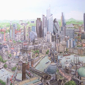 May include: A watercolour painting of the London skyline, showcasing iconic landmarks such as the London Eye, Big Ben, and the Shard. The painting depicts a range of buildings, bridges, and waterways, creating a detailed and colourful representation of the city.