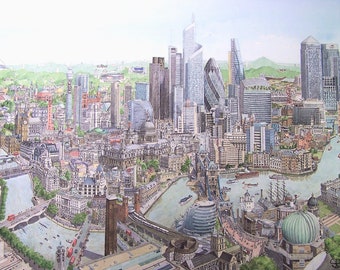 May include: A watercolor painting of the London skyline, featuring iconic landmarks like the London Eye, Big Ben, and the Shard. The painting depicts a variety of buildings, bridges, and waterways, creating a detailed and colorful representation of the city.
