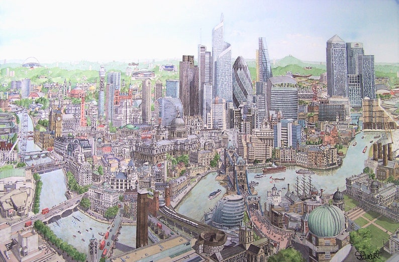May include: A watercolour painting of the London skyline, showcasing iconic landmarks such as the London Eye, Big Ben, and the Shard. The painting depicts a range of buildings, bridges, and waterways, creating a detailed and colourful representation of the city.