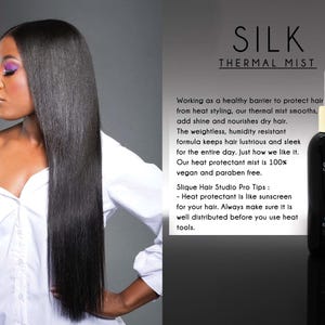 May include: An advertisement for Slique Silk Thermal Mist shows a woman with sleek, black hair. The product is in a black bottle with a gold cap. The text on the bottle reads "Silk" and "100% Vegan Paraben Free". The bottle contains 118 ml.