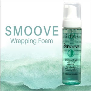May include: A clear bottle of Smoove Wrapping Foam with a white pump top. The bottle has a teal liquid inside and is labeled with the brand name and product details. The background features a watercolor wash of teal and green.