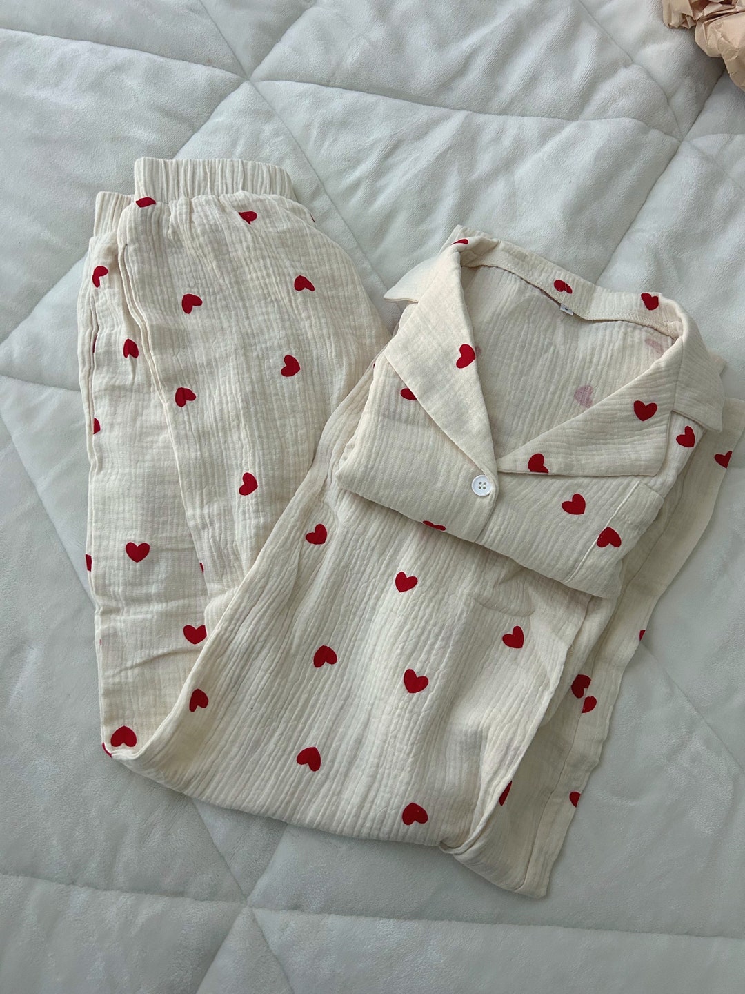 Pink Hearts Sheer Pajamas Set Printed Women Pajamas Set Sleepwear Pjs