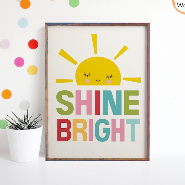 Kids Cute Colourful Print, Kawaii Rainbow Nursery Print, shine bright sunshine Nursery Print, Rainbow decor, Nursery Art, Wall hanging, Sale