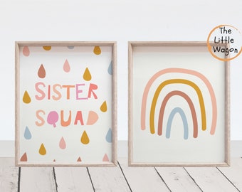 Set of two girls Wall Art, Sister Squad Print, Rainbow Print, Pink Kids Room Art, Rainbow Wall Art, Sisters Bedroom prints, Blush Pink Decor
