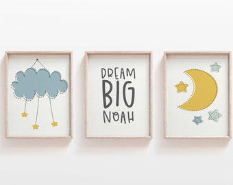 Personalised Name Boys Nursery print, Dream Big, Raincloud, set of three Prints, Kids Decor, Blue Boys Bedroom, Star and moon Nursery, Sale