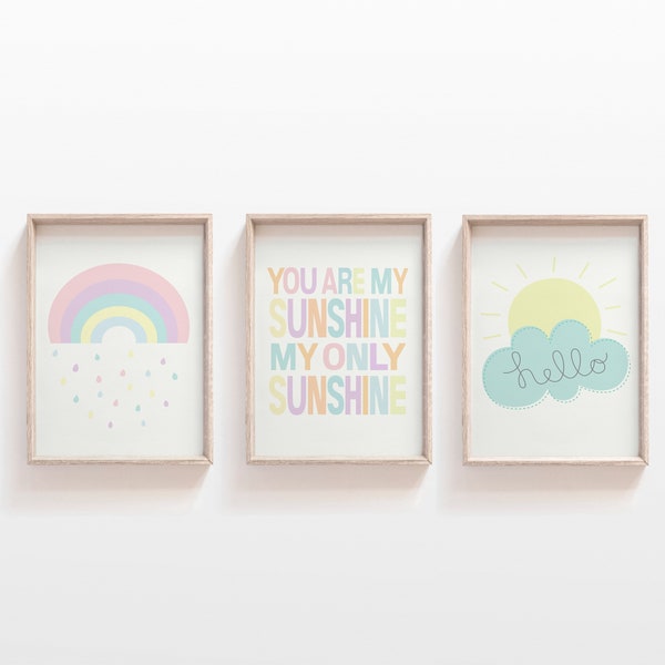 Children's Kids Nursery Set of 3 Prints, Rainbow Print, You Are My Sunshine My Only Sunshine, Pastel Color Nursery Wall Art, Cloud, Sunshine