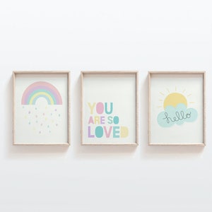 Pastel Rainbow Wall Art, Set of Three, You Are So Loved, Girls Bedroom Print, Kids Room Art, set of 3, Nursery Wall Art, Cloud, Sunshine