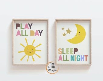 Play All Day Print, Sleep All Night, Nursery Set of 2 Prints, Playroom Wall Art, Typography Print, Playroom Bedroom Decor, Kids Poster