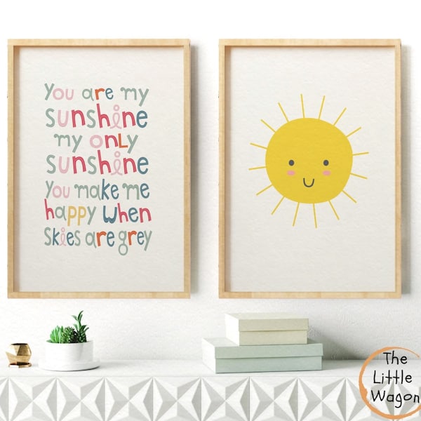 Nursery Set of 2 Prints, Sunshine Wall Art, You Are My Sunshine Quote, Girls Wall Art, Yellow Bedroom Decor, Nursery Art Print, Sun Art,Sale