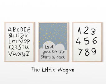 Nursery Alphabet Print Set, Nursery Wall Art, Set di 3 nursery, Boys Decor, Alphabet Print, Numbers Print, Love you to the stars wall art