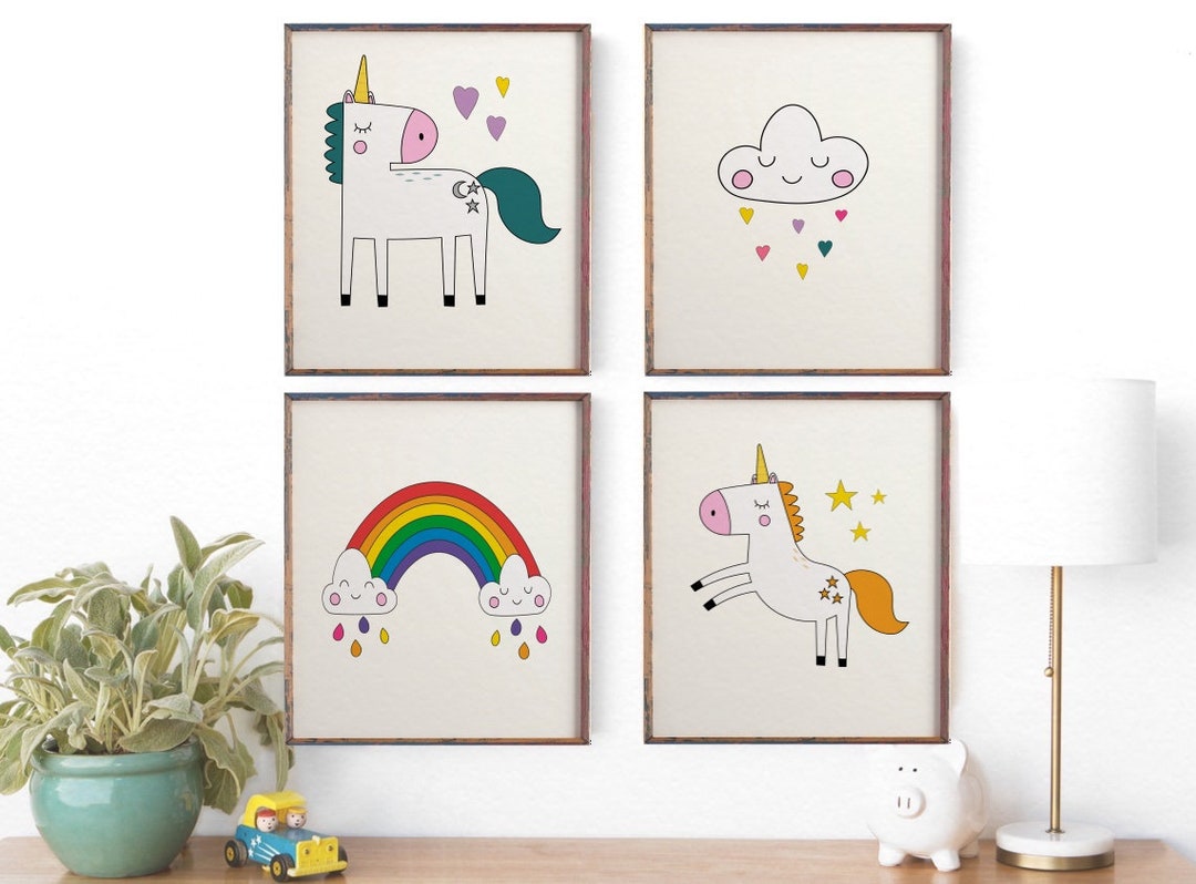 Kids Room Art, Children's Wall Art, Set 4 Prints, Kids Unicorn Wall Art