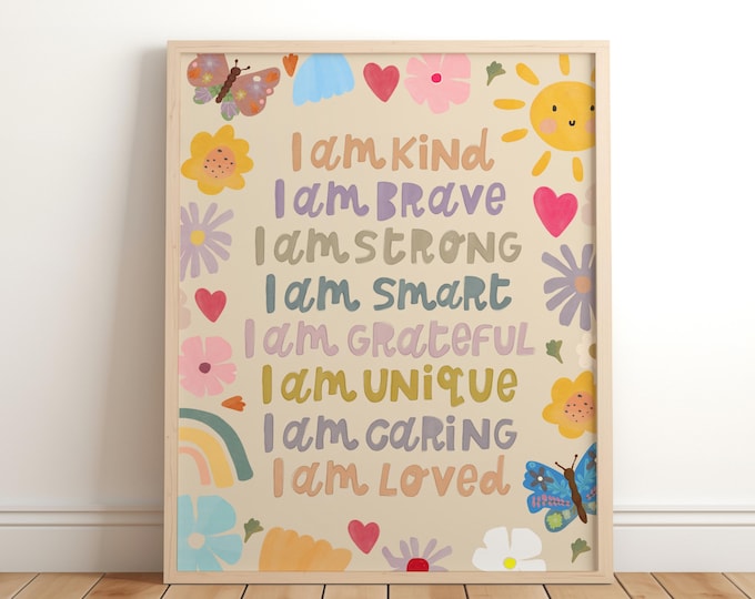 Floral Affirmation Print, Kid's Inspirational Bedroom Print, Sunshine, Cute Wall Art, Girl's Playroom, Children's Nursery Decor, Butterfly