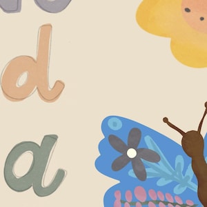 May include: Illustration with the word "good" in a whimsical font. A blue butterfly with floral details and a yellow flower are also featured on a cream background. The artwork has a soft, pastel color palette.